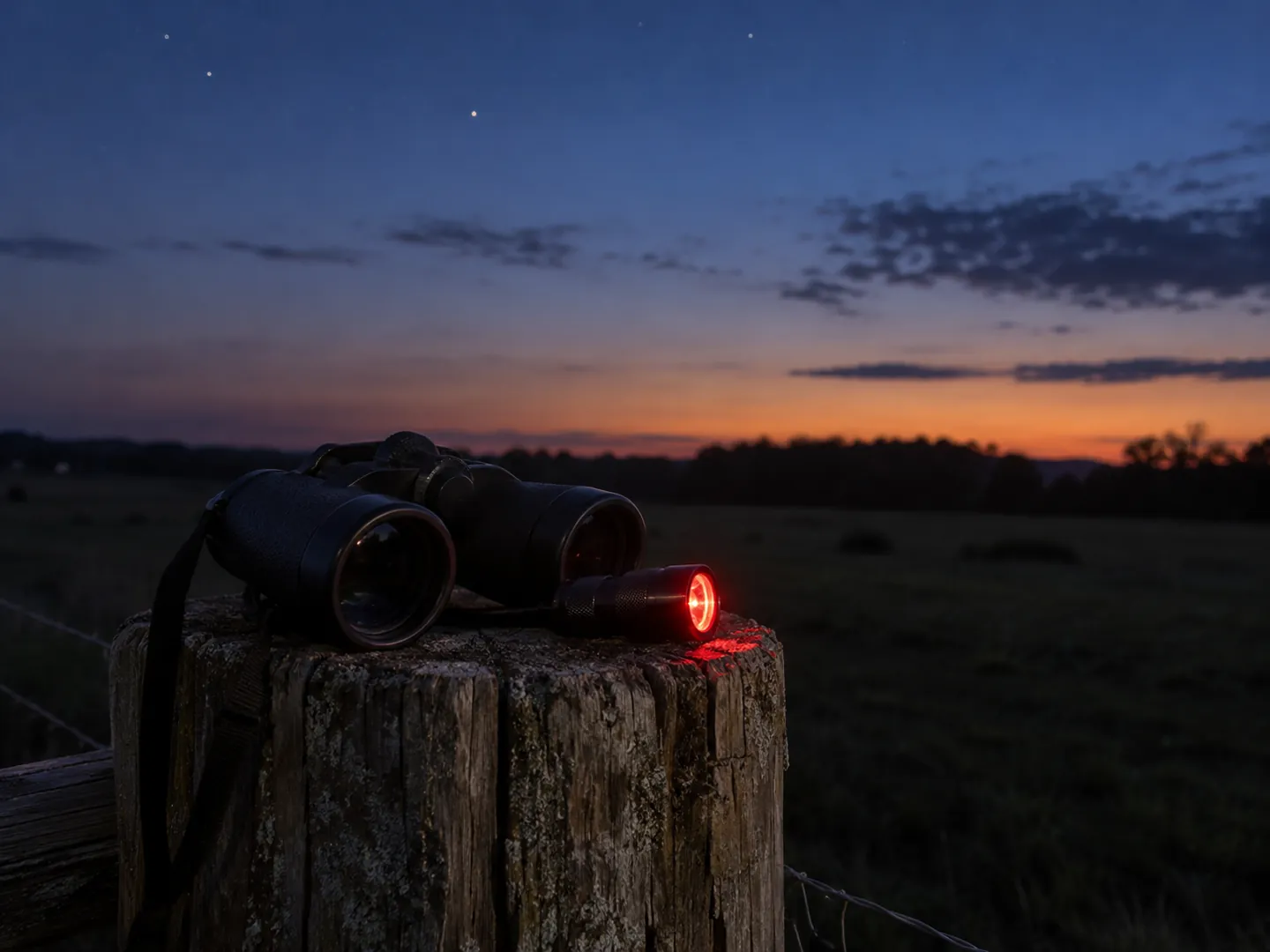 A pair of binoculars and a small torch glowing red resting on a wooden fence post at dusk, with the first stars appearing above a field